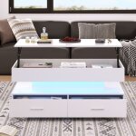 Table basse blanche rglable hydraulique - led bluetooth - 2 tiroirs + rangement - 100x50x44cm - design ...