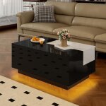 Table basse - brillante plateau coulissant noir et blanc espace de rangement dissimul� et eclairage led ...