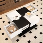 Table basse brillante - seyakany - moderne noir et blanc - avec 2 tiroirs - carre - rangement - 70 x ...