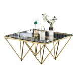 Table basse carr�e gize verre tremp� transparent pieds gold 80x80x45cm