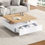 Table basse carr�e 360� rotative blanc brillant & noyer avec grand tiroir table de salon moderne 70�70�36 ...