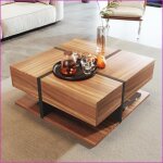 Table basse carr�e - 4 tiroirs - design lin�aire unique - espace de rangement - noir et bois