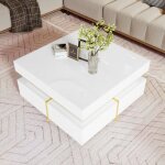 Table basse carr�e 70�70�355 cm laqu�e blanche avec accents dor�s et 2 tiroirs