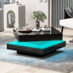 Table basse carr�e 70 x 70 x 36 cm plateau tournant 360� avec led pilotable par appli panneaux de particules ...