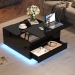 Table basse carr�e 70cm � plateau relevable avec led contr�le app tiroir noir haute brillance