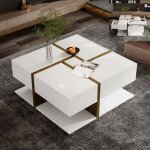 Table basse carr�e 78�78�36 cm avec 4 tiroirs ? rangement discret design moderne blanc et bois ? stable ...