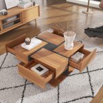 Table basse carr�e 78�78�36 cm en panneaux de particules 4 tiroirs ? motif lignes multicolores fini naturel ...