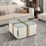 Table basse carr�e de 90x90x45cm avec 4 poufs en tissu
