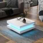 Table basse carr�e blanche 70x70cm led bluetooth style techno moderne charge 45kg salon design lumineux ...