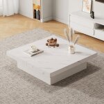 Table basse carre blanche moderne aspect marbre 90 x 90 x 25 cm - quatre tiroirs plateau coulissant ...