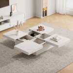 Table basse carre blanche moderne aspect marbre 90 x 90 x 25 cm - quatre tiroirs plateau coulissant ...