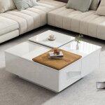 Table basse carr�e blanc haute brillance moderne avec 2 tiroirs petit plateau coulissant en couleur du ...