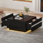 Table basse carre - table basse coffre haute brillance avec led 70x70x36cm avec 2 tiroirs table de salon ...