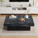 Table basse carr�e moderne noir aspect marbre 4 tiroirs plateau coulissant table basse de salon capacit� ...