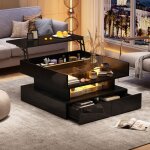 Table basse carre plateau relevable hauteur rglable table basse avec rangement cach et 2 tiroirs led ...