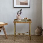 Table basse carr�e en verre dor� - la structure en bois de fr�ne et la base en acier inoxydable sont ...