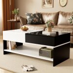 Table basse contemporaine - 100 cm - noir et blanc - 2 tiroirs - plateau brillant