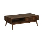 Table basse couleur teinté noyer. linear. décor bois rainuré. pieds compas. 2 niches. 1 tiroir. l 110 ... Table basse couleur teinté noyer. linear. décor bois rainuré. pieds compas. 2 niches. 1 tiroir. l 110 ...