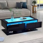Table basse design 100x50x35cm noir brillant led avec tiroirs - plateau verre - table salon moderne pour ...