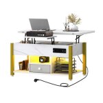 Table basse design balconera - led rgb (app) & plateau relevable - marbre blanc - rangement int�gr� multifonct ...