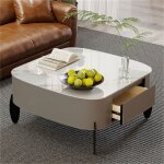 Table basse design en cuir gris - plateau 21mm 2 tiroirs en pin pieds en fer robustes - salon chambre ...