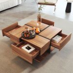 Table basse - design moderne - 4 tiroirs - bois naturel - 78x78x36cm - salon