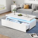 Table basse - design moderne - led - 2 tiroirs - blanc brillant - 95x45x35cm