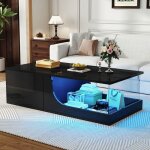 Table basse design noire 100x50x30cm avec led 2 tiroirs et verre tremp� - mdf brillant pour salon