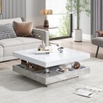 Table basse double avec plateau brillant plateau tournant  360 avec compartiment de rangementblanc ...