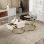 Table basse empilable - aapaas - noir et blanc - finition marbre - tiroirs de rangement - lot de 2 Table basse empilable - aapaas - noir et blanc - finition marbre - tiroirs de rangement - lot de 2