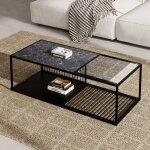 Table basse en fer forg� 110 x 48 x 35 cm avec verre grand espace de rangement - noir + marbre