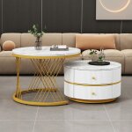 Table basse gigogne - jaerliub - marbre blanc brillant - 2 tiroirs - 30 kg de charge - design contemporain ...