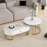 Table basse gigogne en marbre de salon - neche - blanc et or - bois massif - rectangulaire