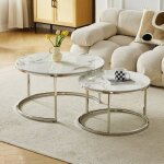 Tables basses gigognes mila - verre tremp� effet marbre blanc et m�tal argent�