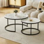 Tables basses gigognes mila - verre tremp� effet marbre blanc et m�tal noir