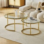 Tables basses gigognes mila - verre tremp� transparent et m�tal dor�