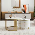 Kodise lot de 2 tables basses gigognes rondes - avec 2 tiroirs de rangement - structure en mtal - blanc ...