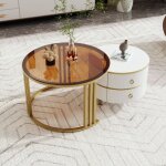 Tables basses gigognes ronde 2 en 1 en verre salon avec 2 tiroirs rangement cadre en m�tal 70x70x45 + ...