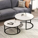 Tables basses gigognes rondes - lot de 2 - surface en bois massif marbr - pieds en mtal - style scandinave ...