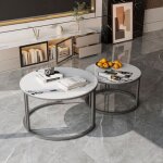 Table basse gigogne ronde - tables gigognes - marbre effect blanc - 70x41cm - 57x35cm - contemporain