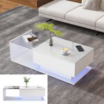 Table basse high tech blanc brillant - verre tremp anti - rayures led appli & tiroir 100x50x32 cm