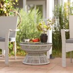 Table basse jardin ronde r�sine imitation rotin plateau verre 60x37cm