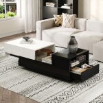 Table basse laqu noir et blanc avec 2 tiroirs et rangement plateau coulissant 1005038 cm blanc + noir ...