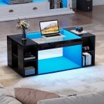 Table basse led 100 x50 x40 cm niche centrale plateau verre tremp� mdf noir laqu� �clairage contr�lable ...