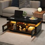 Table basse led - 100x50cm - avec prise secteur et usb rangement - meuble de salon noir laqué Table basse led - 100x50cm - avec prise secteur et usb rangement - meuble de salon noir laqué