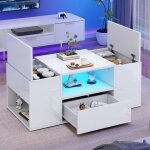 Table basse led - dreammespace - 100x50x40cm - 1 tiroir - 2 placards - blanc laqu� brillant