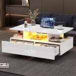 Table basse led moderne blanc brillant - 2 tiroirs et charge 30 kg - design styl� avec rangement int�gr� ...