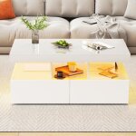 Table basse led avec rangement et double tiroirs ? 104x53x46cm ? style contemporain ? blanche laqu�e
