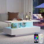 Table basse avec lumi�res led 2 tiroirs et 2 niveaux de rangement t�l�commande app contr�le blanc