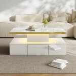 Table basse lumineuse 100x50x39cm - �clairage led int�gr� - 2 tiroirs et 2 �tag�res - surface laqu�e ...